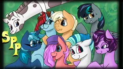 Size: 1024x576 | Tagged: safe, artist:cadetredshirt, derpibooru import, oc, oc:acracebest, oc:blackgryph0n, oc:cosmic melody, oc:hirosashii, oc:panamamatt, oc:saberspark, oc:toodles, unofficial characters only, giraffe, pegasus, pony, unicorn, :p, bedroom eyes, earth, glasses, group photo, hat, necktie, semi-perfect podcast, silly, simple background, smiling, text, thumbnail, tongue out