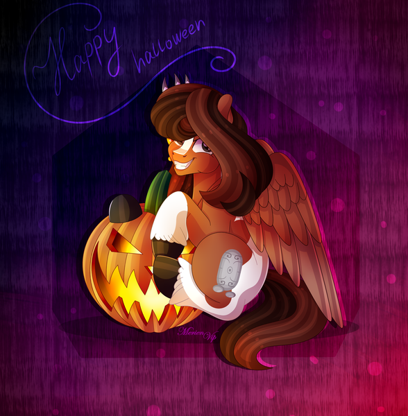 Size: 3496x3568 | Tagged: safe, artist:merienvip, derpibooru import, oc, oc:jilan, pegasus, pony, female, halloween, holiday, jack-o-lantern, mare, pumpkin, solo