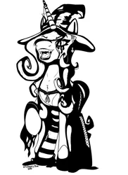 Size: 2400x3300 | Tagged: safe, artist:skydiggitydive, derpibooru import, fleur-de-lis, pony, unicorn, black and white, chest fluff, clothes, costume, ear piercing, fangs, female, fishnets, grayscale, hair over one eye, halloween, halloween costume, hat, holiday, inktober, mare, monochrome, open mouth, piercing, raised hoof, simple background, socks, solo, stockings, thigh highs, white background, witch, witch hat