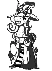 Size: 2400x3300 | Tagged: safe, artist:skydiggitydive, derpibooru import, fleur-de-lis, pony, unicorn, chest fluff, clothes, costume, ear piercing, fangs, female, fishnets, grayscale, hair over one eye, halloween, halloween costume, hat, holiday, inktober, mare, monochrome, open mouth, piercing, raised hoof, simple background, socks, solo, stockings, thigh highs, white background, witch, witch hat