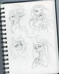 Size: 1024x1289 | Tagged: safe, artist:evergreen-gemdust, derpibooru import, bori the reindeer, fluttershy, spike's fake mother, bat pony, father knows beast, bat ponified, flutterbat, monochrome, race swap, sketch, traditional art