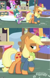 Size: 500x783 | Tagged: safe, derpibooru import, screencap, applejack, spike, dragon, pony, best gift ever, discovery family logo, hat, looking back, smugface, snow, winged spike