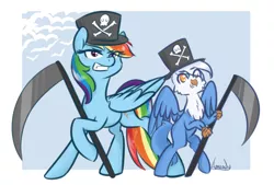 Size: 1280x865 | Tagged: safe, artist:lilliesinthegarden, derpibooru import, rainbow dash, oc, oc:gren, classical hippogriff, hippogriff, pegasus, pony, clothes, costume, female, hat, interspecies offspring, jolly roger, magical lesbian spawn, male, mother and child, mother and son, nightmare night, offspring, parent:gilda, parent:rainbow dash, parents:gildash, reapers, scythe