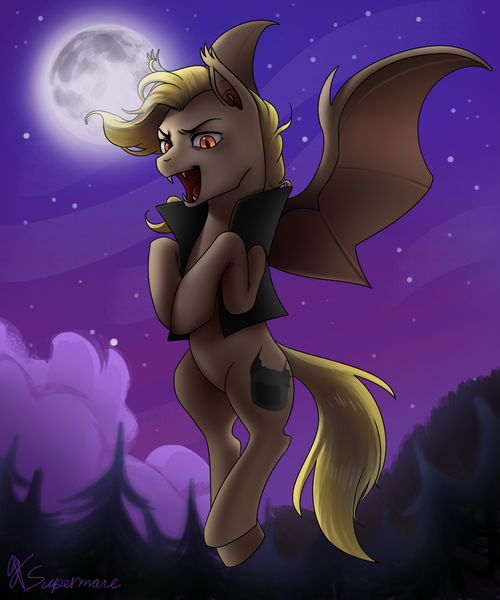 Size: 1400x1680 | Tagged: safe, artist:supermare, derpibooru import, oc, unofficial characters only, bat pony, bat pony oc, bat wings, clothes, commission, flying, forest, full moon, moon, night, open mouth, solo, stars, tree, wings