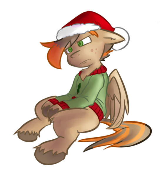 Size: 847x895 | Tagged: safe, artist:spheedc, derpibooru import, oc, oc:trouble, unofficial characters only, pegasus, pony, christmas, christmas sweater, clothes, digital art, grumpy, hat, holiday, male, santa hat, simple background, sitting, solo, stallion, sweater, transparent background