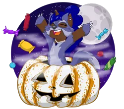 Size: 1024x902 | Tagged: safe, artist:cadetredshirt, derpibooru import, oc, oc:beaded wolf, unofficial characters only, pony, unicorn, animal costume, candy, clothes, costume, fangs, food, halloween, holiday, jack-o-lantern, moon, night, nightmare night costume, nightmare nights dallas, pumpkin, sky, solo, stars, wolf costume