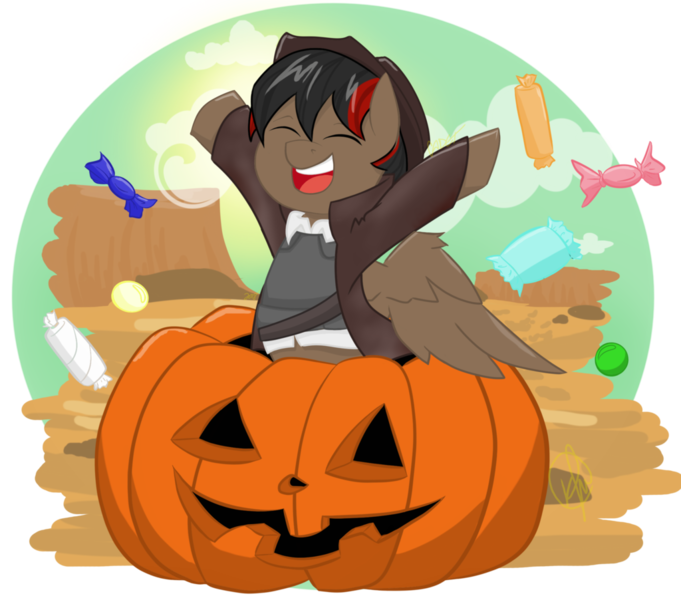 Size: 1024x902 | Tagged: safe, artist:cadetredshirt, derpibooru import, oc, pegasus, pony, candy, clothes, cloud, commission, day, food, gunslinger, halloween, hat, holiday, jack-o-lantern, jacket, male, pumpkin, show accurate, simple background, smiling, solo, sunlight, western, ych result