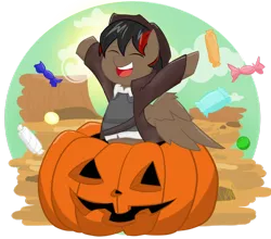 Size: 1024x902 | Tagged: safe, artist:cadetredshirt, derpibooru import, oc, pegasus, pony, candy, clothes, cloud, commission, day, food, gunslinger, halloween, hat, holiday, jack-o-lantern, jacket, male, pumpkin, show accurate, simple background, smiling, solo, sunlight, western, ych result