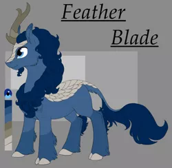 Size: 1024x1000 | Tagged: artist:mythpony, cloven hooves, derpibooru import, gray background, kirin, kirin oc, male, oc, oc:feather blade, reference sheet, safe, simple background, solo