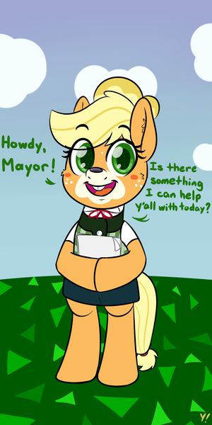 Size: 1000x2000 | Tagged: animal crossing, applejack, artist:yakoshi, bipedal, bucktooth, clothes, costume, crossover, derpibooru import, isabelle, makeup, safe, solo