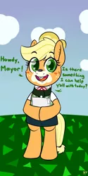 Size: 1000x2000 | Tagged: animal crossing, applejack, artist:yakoshi, bipedal, bucktooth, clothes, costume, crossover, derpibooru import, isabelle, makeup, safe, solo