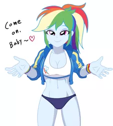 Size: 1806x2008 | Tagged: suggestive, artist:sumin6301, derpibooru import, rainbow dash, equestria girls, equestria girls series, bra, breasts, busty rainbow dash, cleavage, clothes, crop top bra, dialogue, female, heart, looking at you, panties, purple underwear, simple background, smiling, solo, solo female, stupid sexy rainbow dash, underwear, white background, white underwear