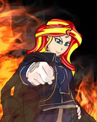 Size: 384x482 | Tagged: safe, artist:anonix123, derpibooru import, sunset shimmer, equestria girls, anime, clothes, crossover, fire, fullmetal alchemist, human coloration, roy mustang, solo