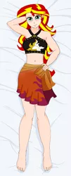 Size: 589x1463 | Tagged: safe, artist:anonix123, derpibooru import, sunset shimmer, equestria girls, equestria girls series, armpits, barefoot, belly button, body pillow, body pillow design, clothes, feet, human coloration, midriff, solo, swimsuit
