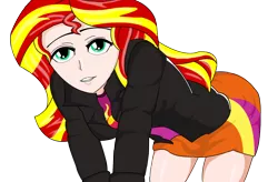 Size: 1480x970 | Tagged: safe, artist:anonix123, derpibooru import, sunset shimmer, equestria girls, bent over, clothes, human coloration, jacket, leather, leather jacket, miniskirt, simple background, skirt, solo, thighs, transparent background