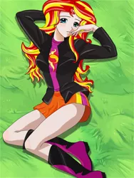 Size: 1200x1600 | Tagged: safe, artist:anonix123, derpibooru import, sunset shimmer, equestria girls, blushing, boots, clothes, female, grass, human coloration, jacket, leather, leather jacket, legs, miniskirt, shoes, skirt, smiling, solo, thighs