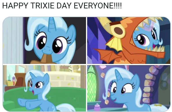 Size: 592x387 | Tagged: safe, derpibooru import, screencap, trixie, pony, unicorn, all bottled up, road to friendship, to where and back again, uncommon bond, :3, bag, clothes, costume, cute, diatrixes, female, happy, mare, mouth hold, open mouth, saddle bag, sitting, smiling, text, trixie day, wide eyes