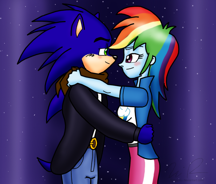 Size: 1469x1256 | Tagged: safe, artist:sonigoku, derpibooru import, rainbow dash, equestria girls, crossover, crossover shipping, female, interspecies, male, shipping, sonic the hedgehog, sonic the hedgehog (series), sonicdash, straight