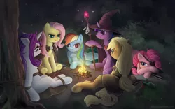 Size: 1920x1200 | Tagged: applejack, artist:vyazinrei, bondage, bottle, bound, campfire, cape, captive, clothes, derpibooru import, eyepatch, firefly (insect), fluttershy, gun, hat, insect, kidnapped, mace, magic staff, mane six, night, outdoors, peril, pinkie pie, rainbow dash, rarity, robbery, rope, rope bondage, safe, shotgun, sword, tied up, tree, twilight sparkle, weapon, witch hat