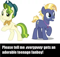 Size: 736x698 | Tagged: safe, derpibooru import, pistachio, star tracker, earth pony, pony, best gift ever, once upon a zeppelin, cowboy hat, cute, freckles, hat, jewelry, male, neckerchief, necklace, raised hoof, rearing, smiling, teenager