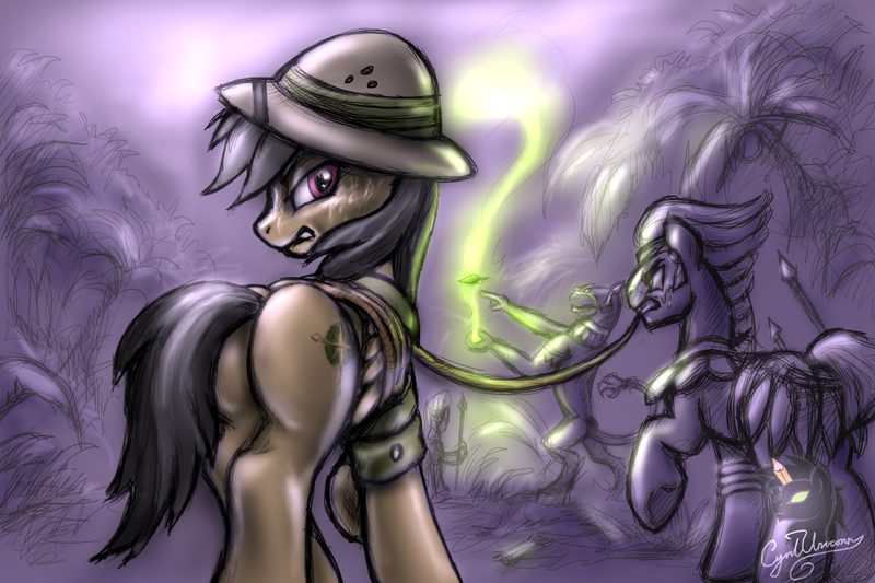 Size: 1200x800 | Tagged: suggestive, artist:cyrilunicorn, derpibooru import, ahuizotl, daring do, earth pony, pegasus, pony, daring do adventure collection, daring do and the eternal flower, bondage, butt, captured, female, hat, image, jungle, male, mare, pith helmet, plot, png, rear view, scowl, stallion