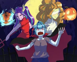 Size: 2036x1633 | Tagged: safe, artist:amazingpuffhair, derpibooru import, adagio dazzle, aria blaze, sonata dusk, equestria girls, rainbow rocks, cape, clothes, costume, devil horns, female, frankenstein's monster, halloween, halloween costume, holiday, jack-o-lantern, mummy, pumpkin, smiling, the dazzlings