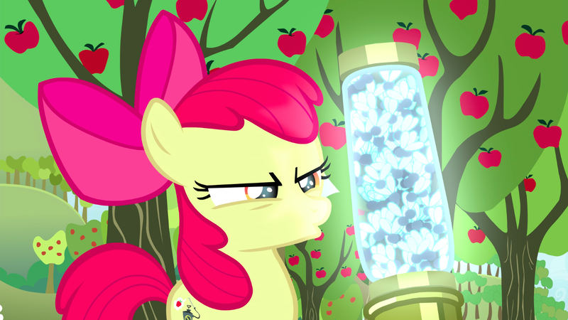 Size: 1439x810 | Tagged: safe, derpibooru import, screencap, apple bloom, earth pony, pony, twittermite, bloom and gloom, apple, apple tree, bow, canister, female, filly, foal, hair bow, narrowed eyes, solo, tree