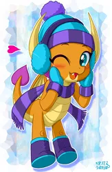 Size: 780x1200 | Tagged: artist:uotapo, beanie, blushing, boots, clothes, cute, derpibooru import, dragon, dragoness, earmuffs, female, gloves, hat, heart, safe, scarf, shoes, smiling, smolder, smolderbetes, solo, uotapo is trying to murder us