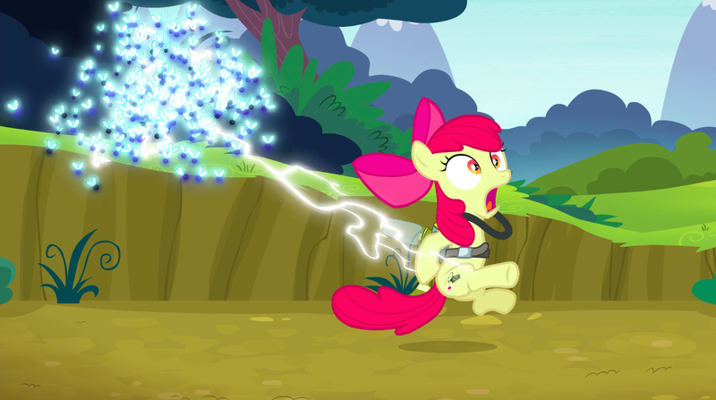 Size: 1440x804 | Tagged: safe, derpibooru import, screencap, apple bloom, earth pony, pony, twittermite, bloom and gloom, bow, butt, cropped, electrocution, female, filly, foal, hair bow, lightning, literal butthurt, open mouth, pain, pest control gear, plot, solo, swarm, twitbuster apple bloom