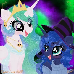Size: 3500x3500 | Tagged: safe, artist:darkest-lunar-flower, derpibooru import, princess celestia, princess luna, alicorn, pony, spider, abstract background, blushing, clothes, costume, crown, cute, duo, duo female, female, hat, jewelry, looking at each other, mare, necklace, nightmare night, open mouth, regalia, royal sisters, siblings, signature, sisters, smiling, sweater, witch hat