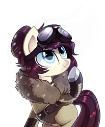 Size: 2733x3310 | Tagged: safe, artist:pepooni, derpibooru import, oc, pony, buck legacy, belt, blue eyes, clothes, coat, female, goggles, jacket, mare, purple hair, simple background, snow, snow goggles, solo, transparent background