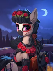 Size: 1200x1600 | Tagged: safe, artist:discordthege, derpibooru import, octavia melody, earth pony, pony, cello, clothes, crescent moon, dia de los muertos, dress, face paint, female, flower, flower in hair, mare, moon, musical instrument, night, solo