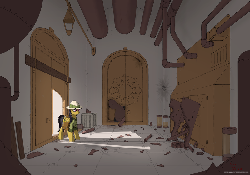 Size: 3000x2100 | Tagged: safe, artist:eriada, derpibooru import, daring do, pegasus, pony, bag, clothes, explorer outfit, female, hat, mare, pith helmet, ruins, saddle bag, shirt, solo