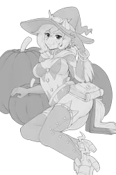 Size: 1280x1920 | Tagged: anthro, anthro oc, artist:evomanaphy, book, bracelet, breasts, clothes, costume, derpibooru import, female, freckles, gloves, halloween, halloween costume, hat, high heels, holiday, jewelry, looking at you, mercy, monochrome, oc, oc:evo, overwatch, pumpkin, safe, shoes, simple background, sketch, smiling, socks, solo, unofficial characters only, witch mercy