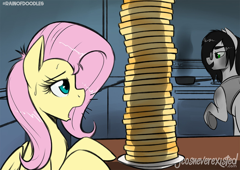 Size: 1024x724 | Tagged: artist:jcosneverexisted, cooking, derpibooru import, doodle, fluttershy, flutterxander, food, oc, oc:alexander, pancakes, patreon, safe, sitting, surprised, this will end in weight gain