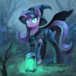 Size: 2000x2000 | Tagged: safe, artist:asimos, derpibooru import, starlight glimmer, pony, unicorn, cape, clothes, costume, female, halloween, halloween costume, hat, holiday, magic, mare, no pupils, smiling, solo, witch, witch hat