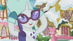 Size: 842x474 | Tagged: best gift ever, derpibooru import, glasses, house, houses, mittens, ponyville, rarity, safe, screencap, snow, solo, winter