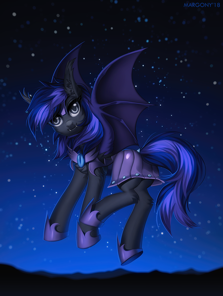 Size: 900x1196 | Tagged: safe, artist:margony, derpibooru import, oc, unofficial characters only, bat pony, armor, bat pony oc, bat wings, female, guardian, mare, night, night guard, solo, stars, wings