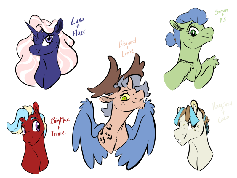 Size: 2732x2048 | Tagged: safe, artist:ask-y, derpibooru import, oc, unofficial characters only, draconequus, earth pony, hybrid, pegasus, pony, unicorn, adoptable, antlers, bust, crack ship offspring, draconequus oc, female, freckles, interspecies offspring, magical lesbian spawn, male, mare, offspring, parent:applejack, parent:big macintosh, parent:coco pommel, parent:discord, parent:fleur-de-lis, parent:hayseed turnip truck, parent:limestone pie, parent:princess luna, parent:soarin', parent:trixie, parents:cocoseed, parents:fleur-de-luna, parents:limecord, parents:soarinjack, parents:trixmac, simple background, stallion, transparent background