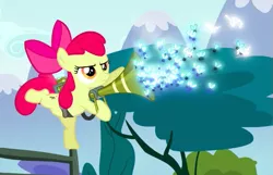 Size: 637x409 | Tagged: safe, derpibooru import, screencap, apple bloom, earth pony, insect, pony, twittermite, bloom and gloom, balancing, bow, cropped, female, filly, foal, hair bow, on one hoof, pest control gear, pest pony, solo, swarm, twitbuster apple bloom