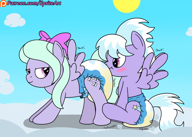 Size: 1400x1000 | Tagged: questionable, artist:spritepony, derpibooru import, cloudchaser, flitter, pegasus, pony, blushing, cloud, cute, descriptive noise, diaper, diaper fetish, female, females only, fetish, incest, lesbian, mare, onomatopoeia, patreon, patreon link, patreon logo, pegacest, poofy diaper, shipping, sitting, sky, spread wings, wet diaper, wingboner, wings