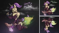 Size: 2100x1200 | Tagged: safe, artist:reaper3d, derpibooru import, oc, unofficial characters only, anthro, horse, unicorn, zebra, zebracorn, 2018, broom, clothes, cloud, equine, female, flying, flying broomstick, hair, halloween, holiday, solo