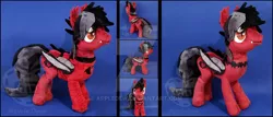 Size: 1024x439 | Tagged: safe, artist:appledew, derpibooru import, ponified, bat pony, pony, bat wings, clandestine industries, clothes, commission, ear fluff, fall out boy, fangs, folded wings, hair over one eye, hoodie, irl, male, pete wentz, photo, plushie, shirt, slit eyes, smiling, solo, stallion, tattoo, undershirt, watermark, wings