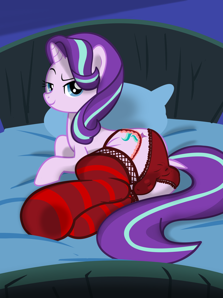 Size: 2500x3334 | Tagged: questionable, artist:succubi samus, derpibooru import, starlight glimmer, pony, unicorn, anus cameltoe, bed, bedroom, bedroom eyes, best pony, butt, cameltoe, clothes, cute, cute porn, cutie mark, dock, female, frilly underwear, garter belt, glimmer glutes, hair over one eye, horn, looking at you, nudity, panties, patreon, pillow, plot, presenting, raised eyebrow, red underwear, reward, seductive, seductive pose, show accurate, show accurate porn, socks, solo, solo female, striped socks, stupid sexy starlight glimmer, tail, the ass was fat, underwear