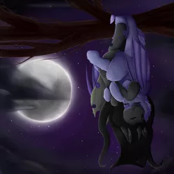 Size: 4512x4512 | Tagged: safe, artist:0silverstardust0, derpibooru import, oc, oc:flavis, unofficial characters only, bat pony, pony, absurd resolution, bat pony oc, bat wings, cute, female, hug, male, moon, tree branch, upside down, wings