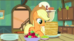 Size: 1440x809 | Tagged: safe, derpibooru import, screencap, applejack, earth pony, pony, bloom and gloom, apple, bowl, breakfast, dishes, dream, female, food, mare, pancakes, smiling, solo