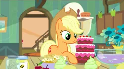 Size: 1440x809 | Tagged: safe, derpibooru import, screencap, applejack, earth pony, fish, pony, bloom and gloom, breakfast, cake, cinnamon bun, cupcake, dog biscuit, dream, female, flower, food, honey, jar, mare, punch (drink), punch bowl, smiling, solo focus