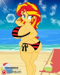 Size: 1638x2048 | Tagged: suggestive, artist:raydonxd, derpibooru import, sunset shimmer, equestria girls, ass, beach, beach babe, big breasts, bikini, bikini babe, bikini bottom, bikini top, breasts, bunset shimmer, busty sunset shimmer, butt, buttcheeks, buttcrack, chair, chubby, chubby shimmer, clothes, curvy, female, huge breasts, huge butt, large butt, ocean, patreon, patreon logo, plump, sand, sexy, solo, solo female, striped swimsuit, swimsuit, the ass was fat, thick, thighs, water