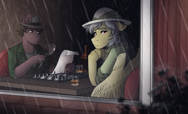 Size: 4092x2486 | Tagged: safe, artist:romyvdhel-art, derpibooru import, daring do, oc, oc:phillip finder, pony, semi-anthro, fanfic:ponyville noire, bottle, chessboard, clothes, dexterous hooves, fanfic art, hat, hoof hold, letter, looking over shoulder, magnifying glass, phiring, pith helmet, rain, worried