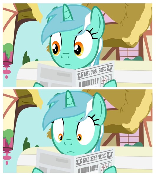 Size: 1080x1225 | Tagged: safe, derpibooru import, editor:apex soundwave, lyra heartstrings, pony, unicorn, epic rage time, bench, female, foal free press, mare, newspaper, ponyville, reaction image, shocked, solo